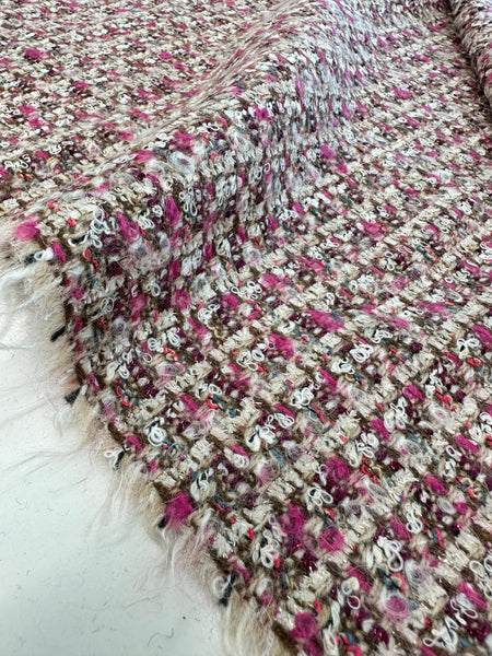 Mix Blend Couture Boucle Tweed White With Rose Pink And Burgundy Brown Made In England