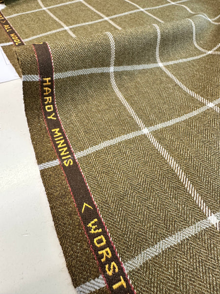 Worsted Alsport All Wool Olive Green With Cream Check By Hardy Minnis Made In England
