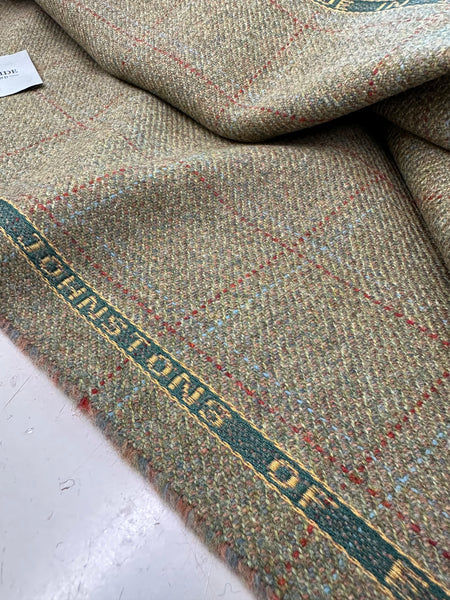 Johnstons Of Elgin Estate Gamekeeper Tweed Moss Green With Baby Blue And Burnt Orange Check Made In Scotland