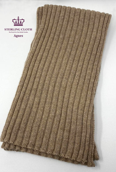 Agnes - Pure Merino Wool, Rib Knitted Scarf, Made in Scotland, Plain Camel / Light Brown