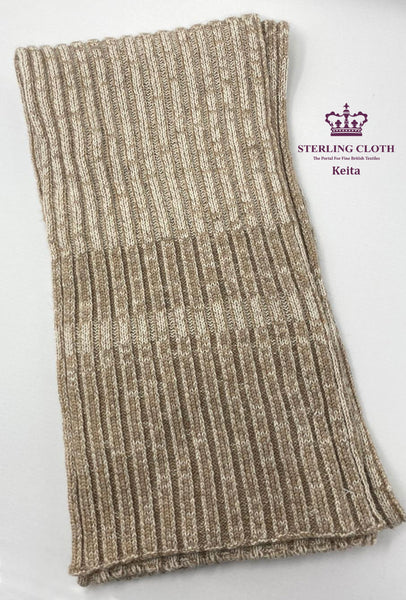 Keita - Pure Merino Wool, Rib Knitted Scarf, Made in Scotland, Irregular Camel and Cream Pattern