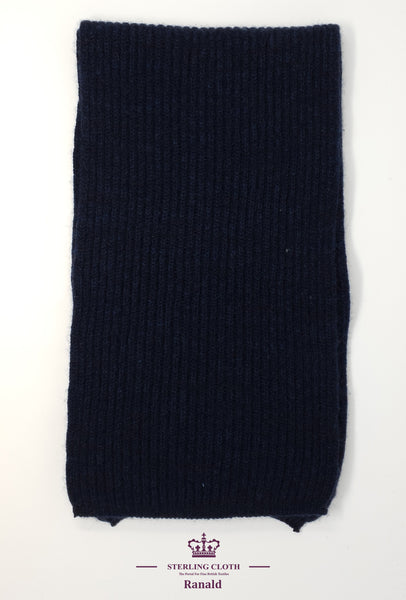 Ranald - Pure Cashmere Knitted Scarf, Made in Scotland, Navy Rib Knit