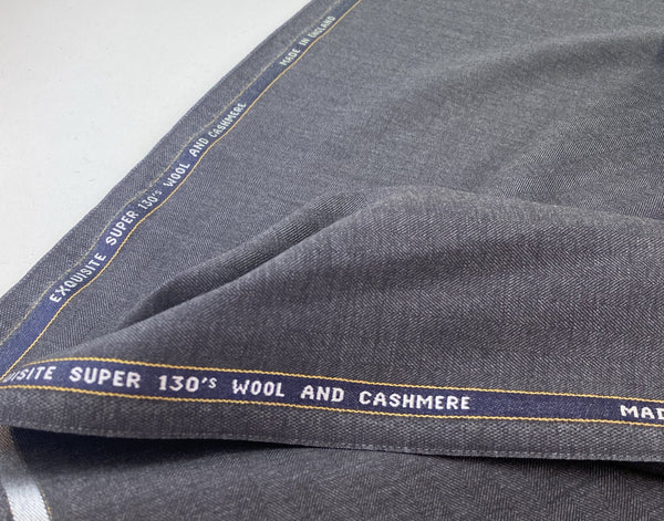 Exquisite Super 130s Wool and Cashmere Mid Grey Herringbone Made in England fabric