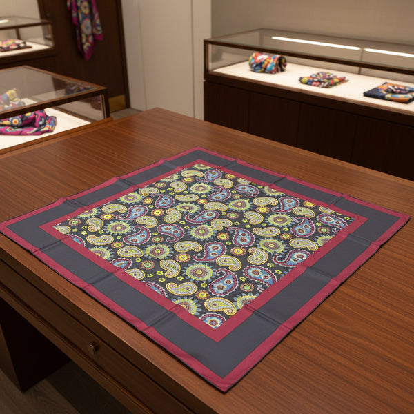 100% Pure Silk Hand Made in Italy Paisley Print Foulard / Scarf