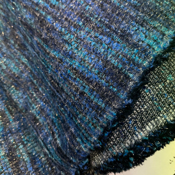 Boucle Tweed Fabric With Tassel Effect Italy ex designer Chanel style Ocean Blue And Sky Blue Made In Italy