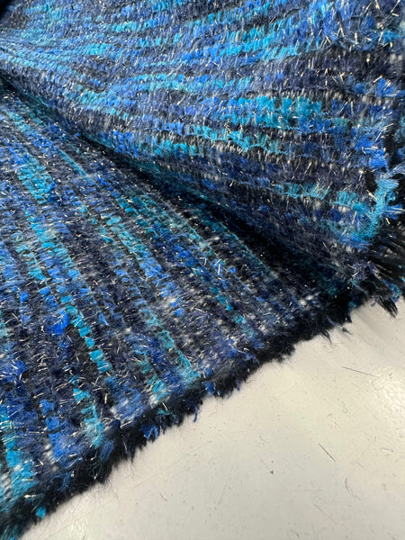 Boucle Tweed Fabric With Tassel Effect Italy ex designer Chanel style Ocean Blue And Sky Blue Made In Italy