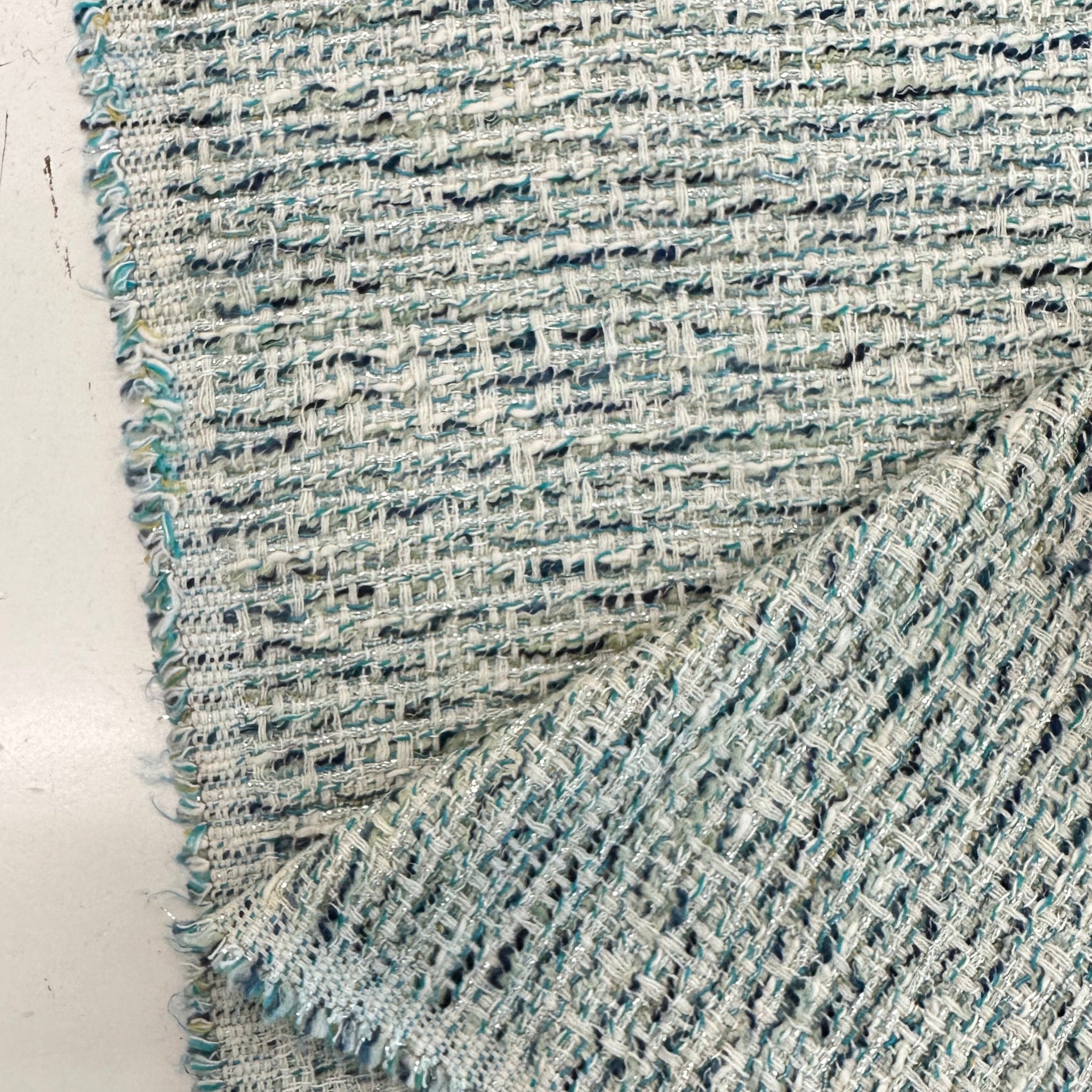 Boucle Tweed Fabric Italy ex designer Chanel style White With Hints Of Turquoise And Dark Blue Made In Italy