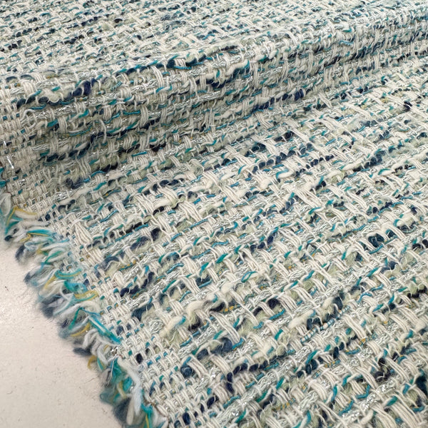 Boucle Tweed Fabric Italy ex designer Chanel style White With Hints Of Turquoise And Dark Blue Made In Italy