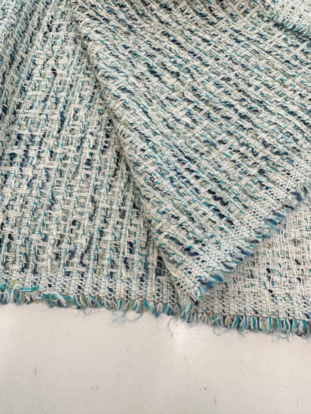 Boucle Tweed Fabric Italy ex designer Chanel style White With Hints Of Turquoise And Dark Blue Made In Italy