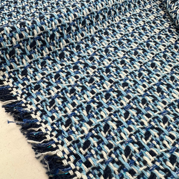 Boucle Tweed Fabric Italy ex designer Chanel style Mixture Of Sky Blue And Dark Blue With White Made In Italy