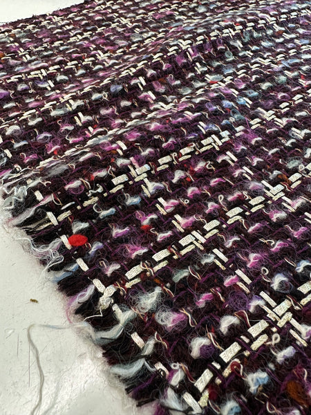 Boucle Tweed Fabric Italy ex designer Chanel style Burgundy With White And Hot Pink With Lurex Made In Italy