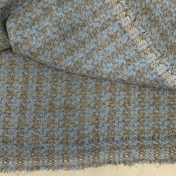 Oversized Houndstooth Grey / Baby Blue Lurex Couture Boucle Tweed Made In Italy
