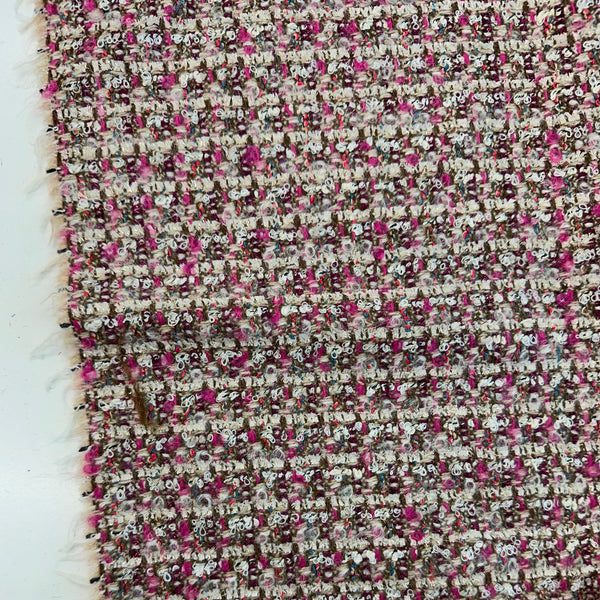 Mix Blend Couture Boucle Tweed White With Rose Pink And Burgundy Brown Made In England