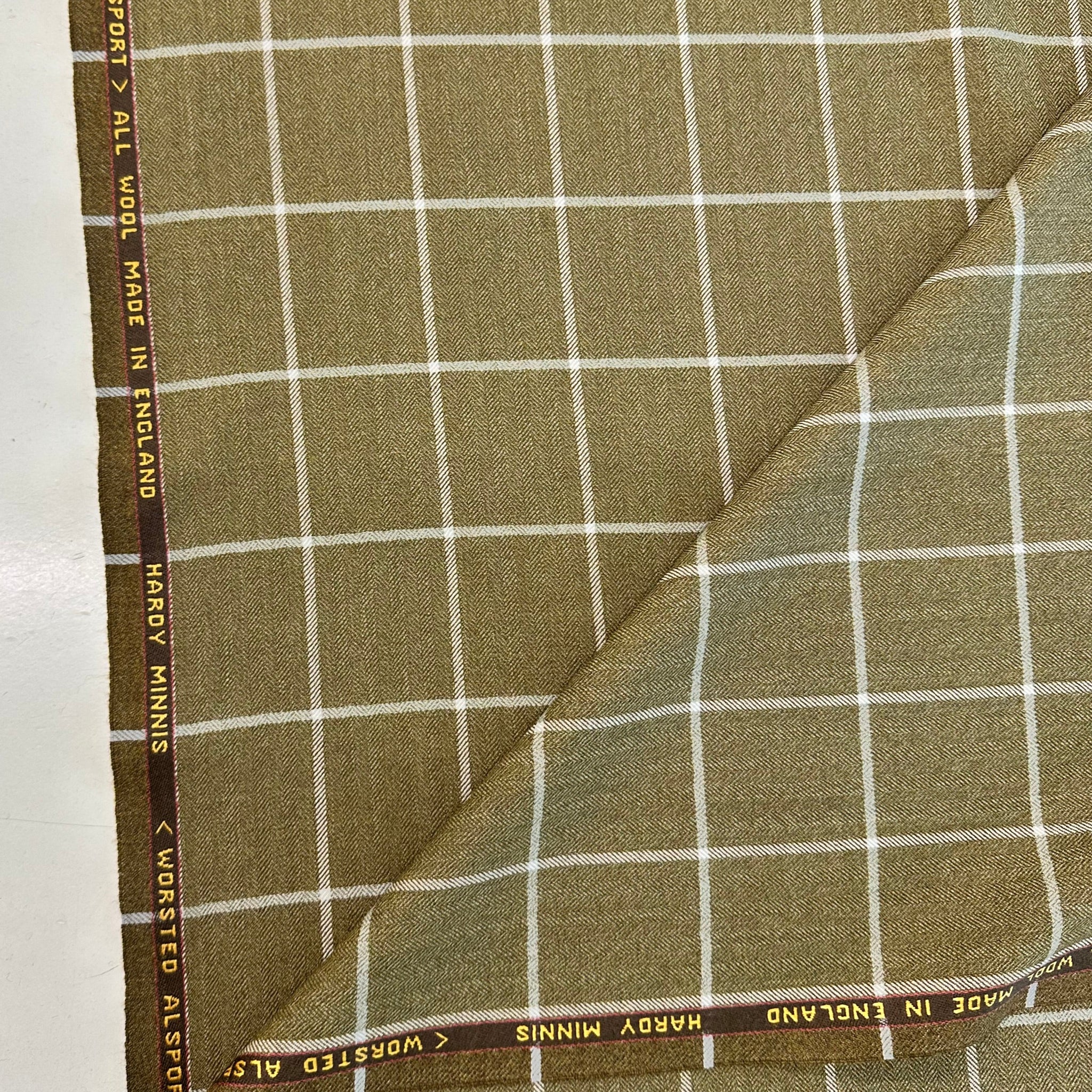 Worsted Alsport All Wool Olive Green With Cream Check By Hardy Minnis Made In England