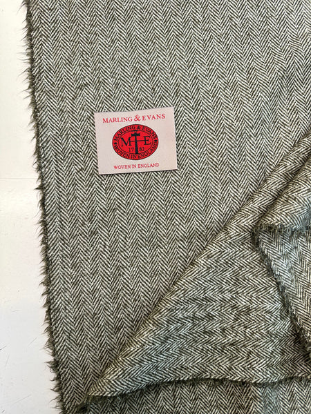 Pure Shetland Tweed White And Tropical Green Mix Herringbone Made In England