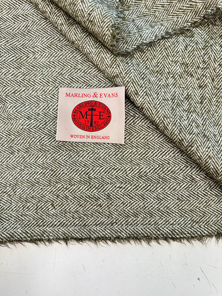 Pure Shetland Tweed White And Tropical Green Mix Herringbone Made In England