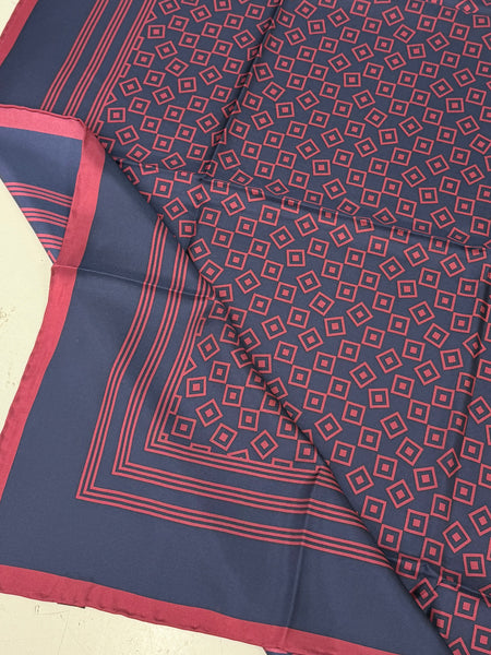 100% Pure Silk Hand Made in Italy ex Designer Geomatric Print Foulard / Scarfsnavy / Red