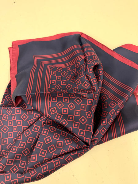 100% Pure Silk Hand Made in Italy ex Designer Geomatric Print Foulard / Scarfsnavy / Red