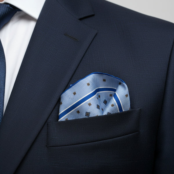100% Pure Silk Hand Made in Italy Light blue Silk Pocket sqaure Feature striped and Elegant Motif
