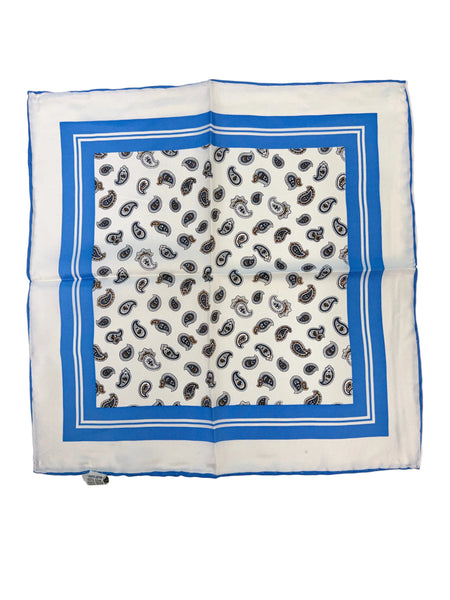 A square white scarf with a blue border and an all-over black, gray, and white paisley pattern, laid flat on a white surface.