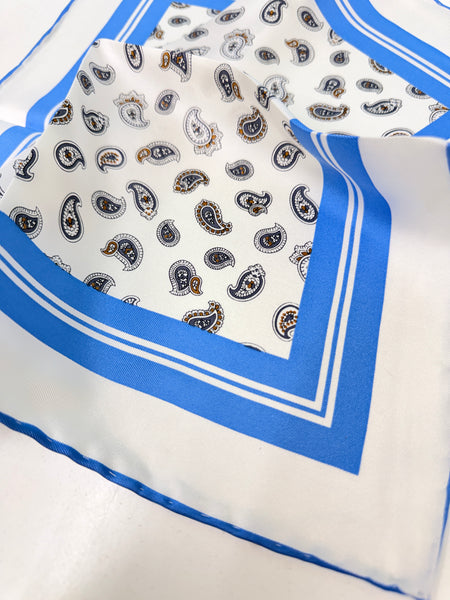 100% Pure Silk Pocket Sqaure Hand Made in Italy Paisley Design Sky Blue Borders