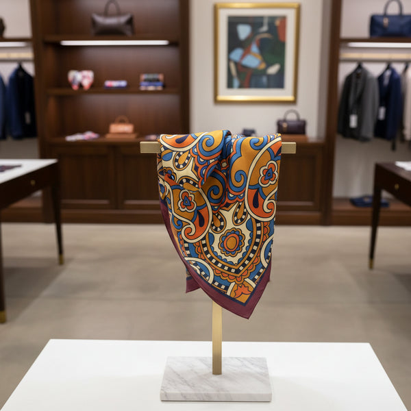 100% Silk Hand Made in Italy Foulard / Scarf intreicate Symmetical Medallion and Paisley style