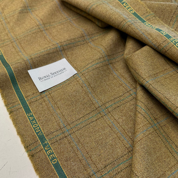Johnstons Of Elgin Estate Gamekeeper Tweed Moist Green With Sky Blue And Sea Green Check Made In Scotland