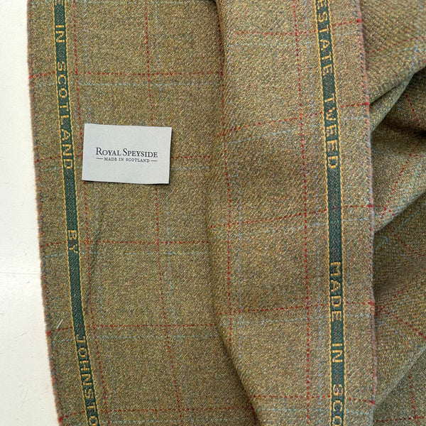 Johnstons Of Elgin Estate Gamekeeper Tweed Moss Green With Baby Blue And Burnt Orange Check Made In Scotland