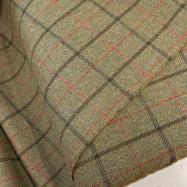 Johnstons Of Elgin Estate Gamekeeper Tweed Forest Green With Burnt Orange And Dark Olive Green Check Made In Scotland