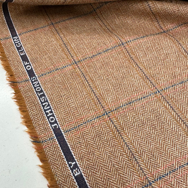 Johnstons Of Elgin Estate Gamekeeper Tweed Light Camel With Peach And Blue Check Made In Scotland