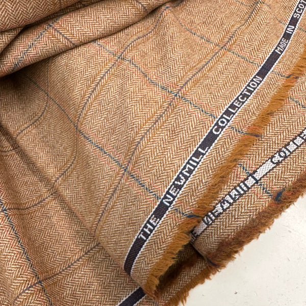 Johnstons Of Elgin Estate Gamekeeper Tweed Light Camel With Peach And Blue Check Made In Scotland
