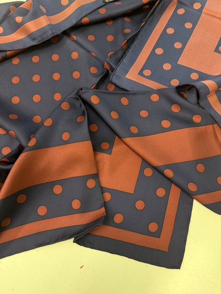 100% Pure Silk Hand Made in Italy Polka Dot Print Foulard / Scarf Navy / Red