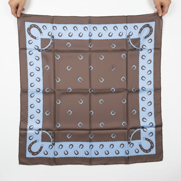 100% Pure Silk Hand Made in Italy ex Designer Horseshoe Print Foulard / Scarfs Brown