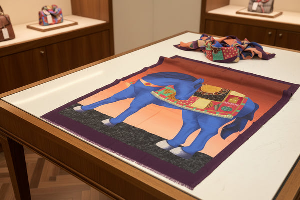 A square scarf laid flat on a white surface, featuring a stylized blue horse with a colorful decorative saddle blanket against a warm orange-brown background and a dark purple border.