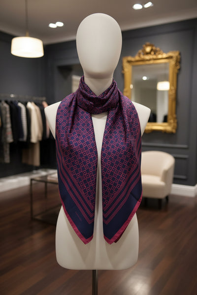 100% Pure Silk Hand Made in Italy ex Designer Geomatric Print Foulard / Scarfsnavy / Red