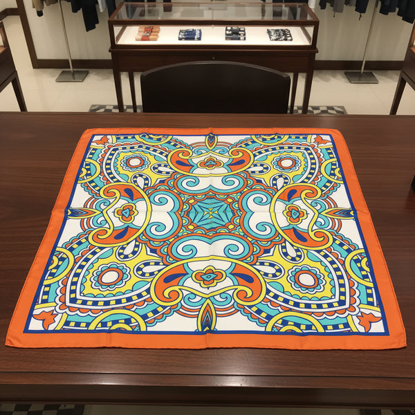 A square scarf with a vibrant, symmetrical mandala pattern in orange, blue, yellow, and white, laid flat on a white surface.
