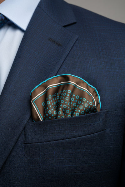 100% Pure Silk Hand Made in Italy Brown and Turquoise Macclesfield design