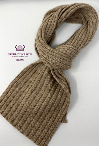 Agnes - Pure Merino Wool, Rib Knitted Scarf, Made in Scotland, Plain Camel / Light Brown