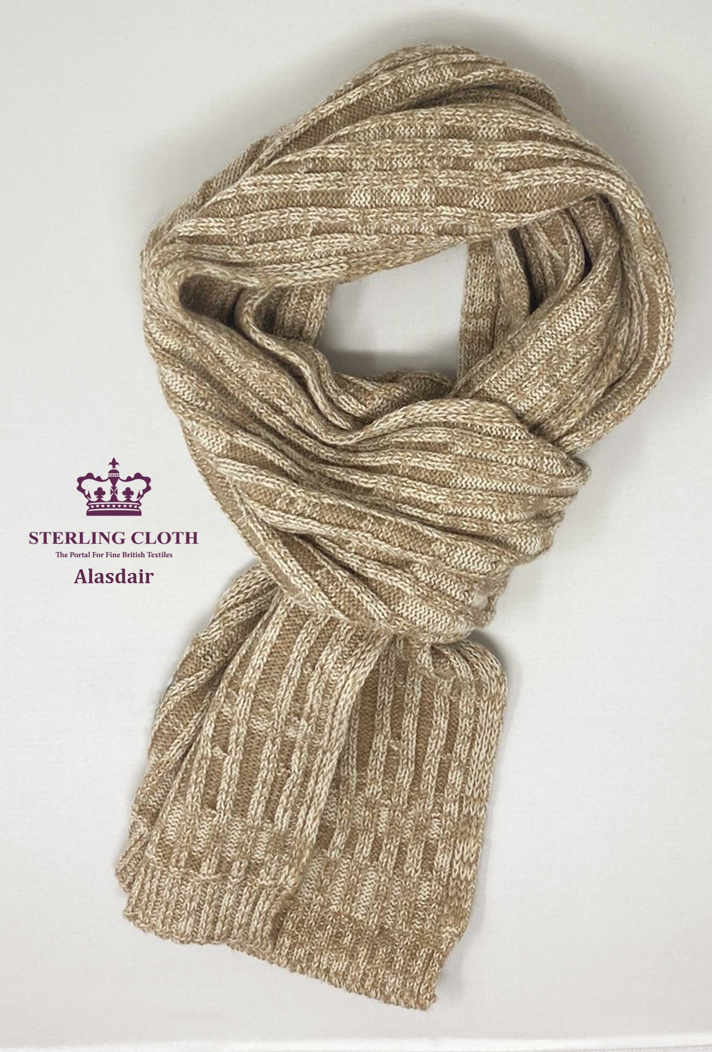 Alasdair - Pure Merino Wool, Fancy Knitted Scarf, Made in Scotland, Irregular Camel and Cream Pattern