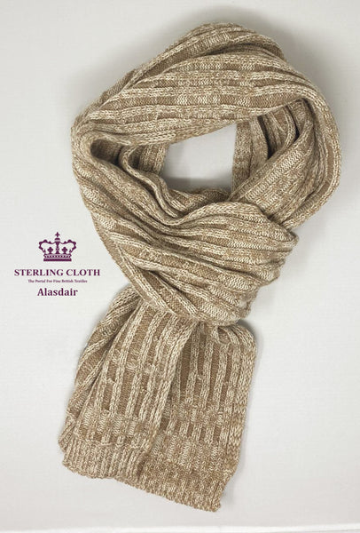 Alasdair & Bonnie - 100% Merino Wool Bobble Hat and Scarf Set, Made in Scotland, Irregular Camel and Cream Pattern