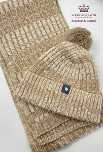Alasdair & Bonnie - 100% Merino Wool Bobble Hat and Scarf Set, Made in Scotland, Irregular Camel and Cream Pattern