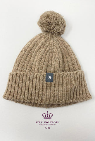 Alec - 100% Merino Wool, Knitted Bobble Hat, Made in Scotland, Plain Light Brown