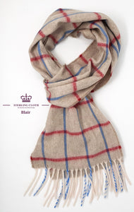 Blair - Pure Cashmere Scarf, Made in Scotland, Beige/Natural with Red and Blue Windowpane Check