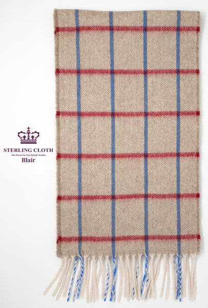 Blair - Pure Cashmere Scarf, Made in Scotland, Beige/Natural with Red and Blue Windowpane Check