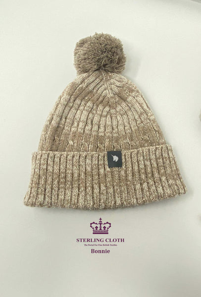 Alasdair & Bonnie - 100% Merino Wool Bobble Hat and Scarf Set, Made in Scotland, Irregular Camel and Cream Pattern