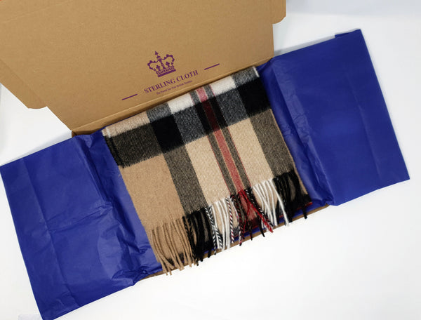 Fergus - Pure Cashmere Scarf, Made in Scotland, Classic Thomsen Red Tartan Check with Camel, White and Black