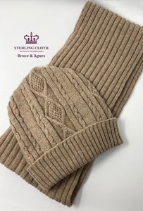 Bruce & Agnes - 100% Merino Wool Beanie Hat and Scarf Set, Made in Scotland, Plain Beige / Light Brown