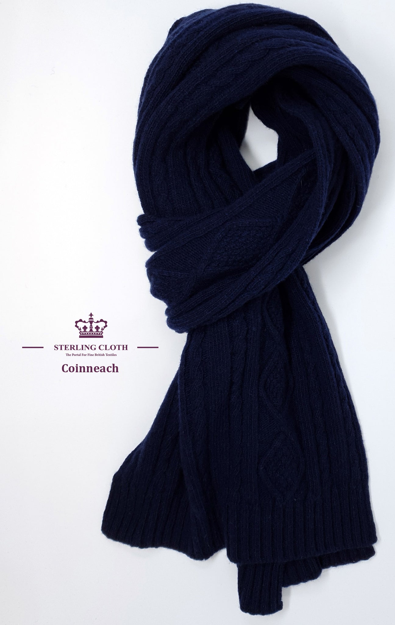 Coinneach - Pure Cashmere, Navy Cable Knitted Stole, Made in Scotland