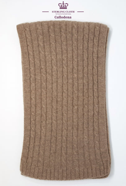 Cullodena - Pure Cashmere Cable Knitted Scarf, Made in Scotland, Plain Tan / Camel