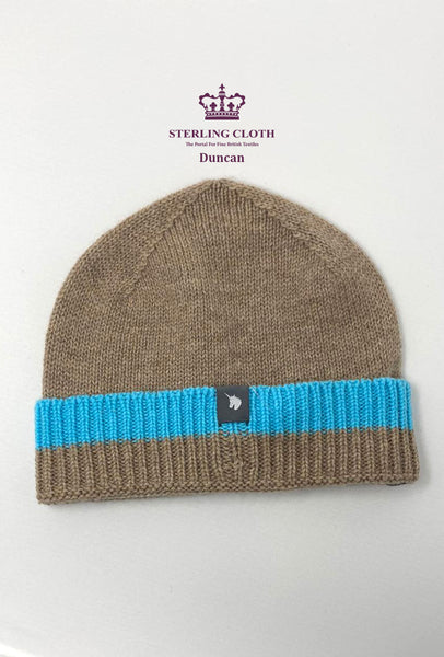 Duncan - Pure Merino Wool, Knitted Beanie Hat, Made in Scotland, Light Brown with Turquoise Trim